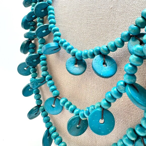 VTG Circle Disc & Round Coconut Wood Dyed Blue Triple Strand Necklace 30" Length - Picture 4 of 10